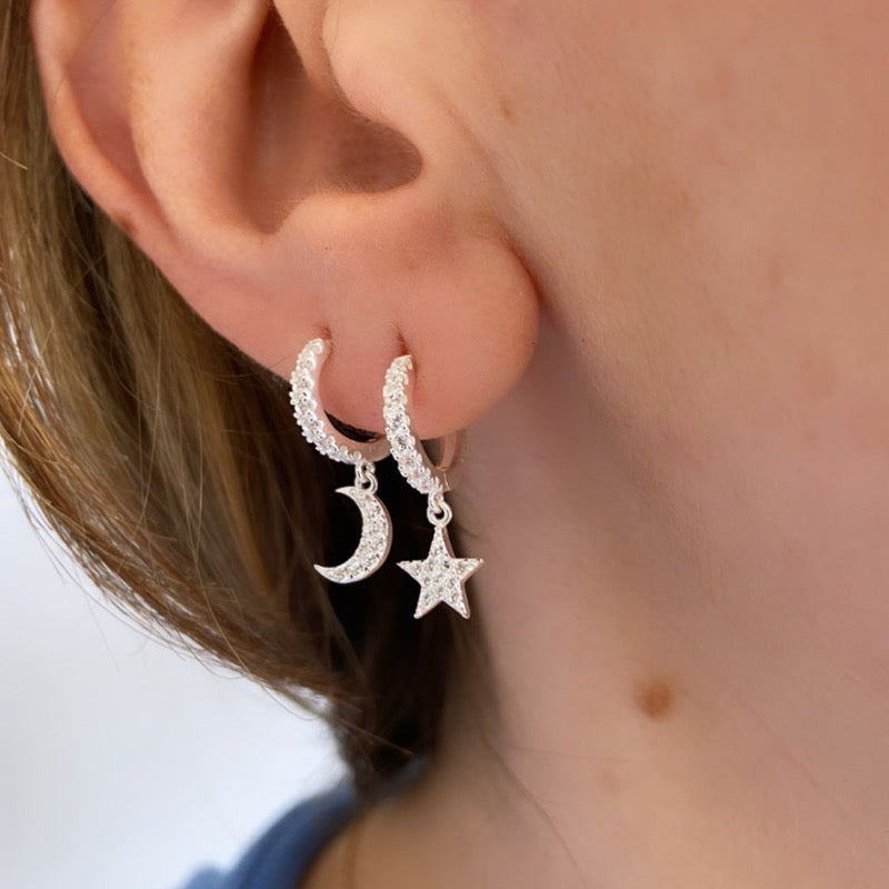 Stella Moon &amp; Star Silver Hoop Earrings - Cameo